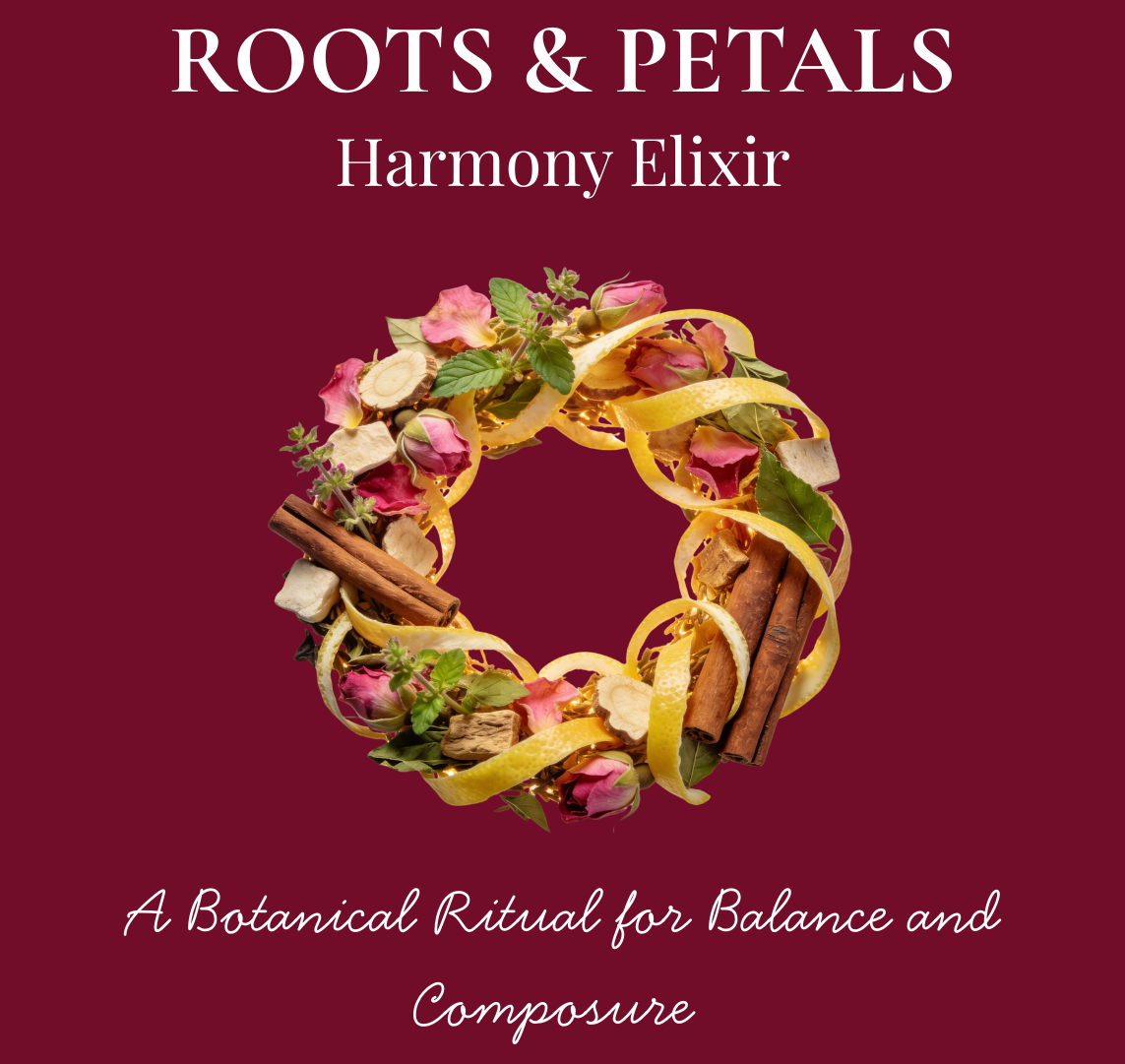Diteas Roots & Petals Harmony Elixir packaging on a red background