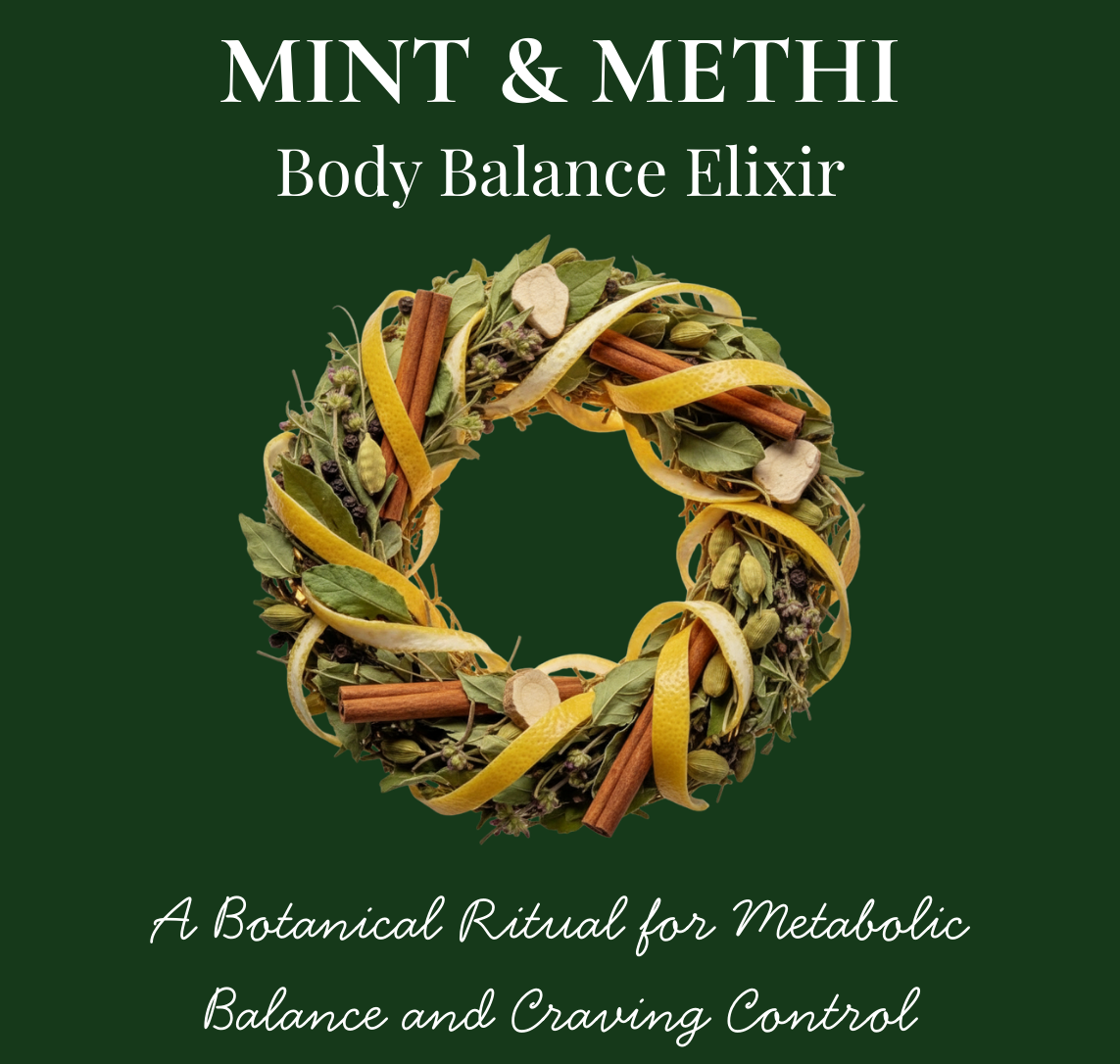 Tea package with herbs and text on a green background - mint & methi