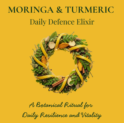DI Teas Moringa & Turmeric Daily Defence Elixir packaging on a yellow background