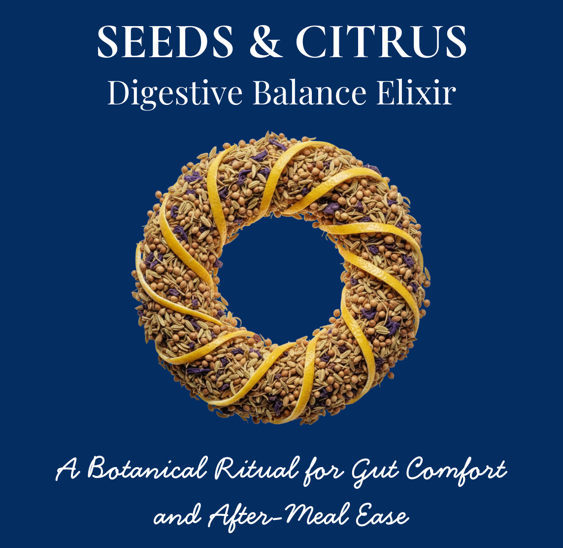 Di Teas Seeds & Citrus digestive balance elixir packaging on a blue background