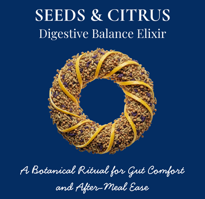 Di Teas Seeds & Citrus digestive balance elixir packaging on a blue background