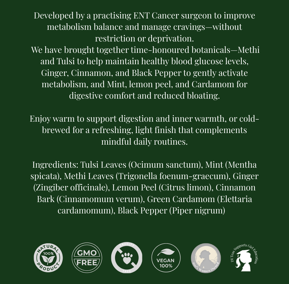 Product packaging with text and branding elements on a green background