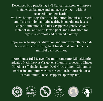 Product packaging with text and branding elements on a green background