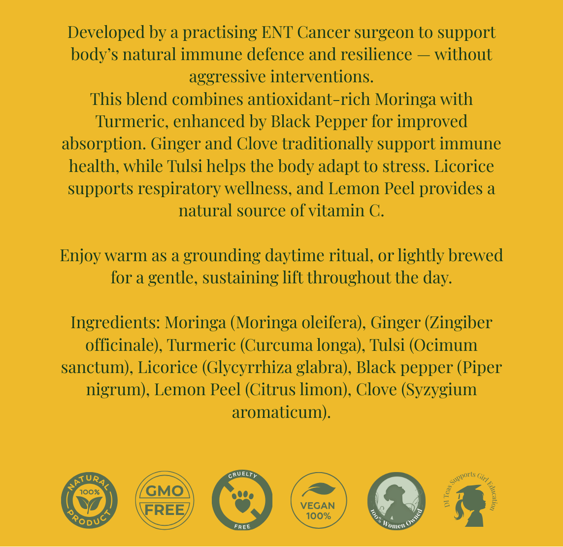 Yellow background with text and logos about moringa & turmeric