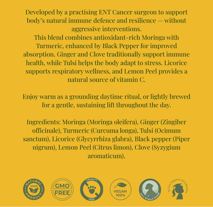 Yellow background with text and logos about moringa & turmeric