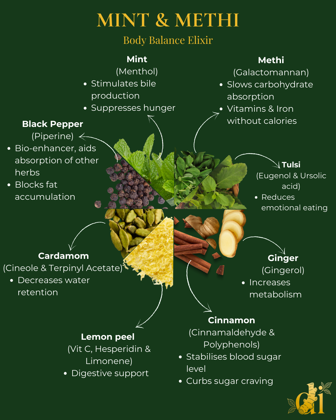 Herbal ingredients for a 'Mint & Methi' body balance elixir with their benefits on a green background.