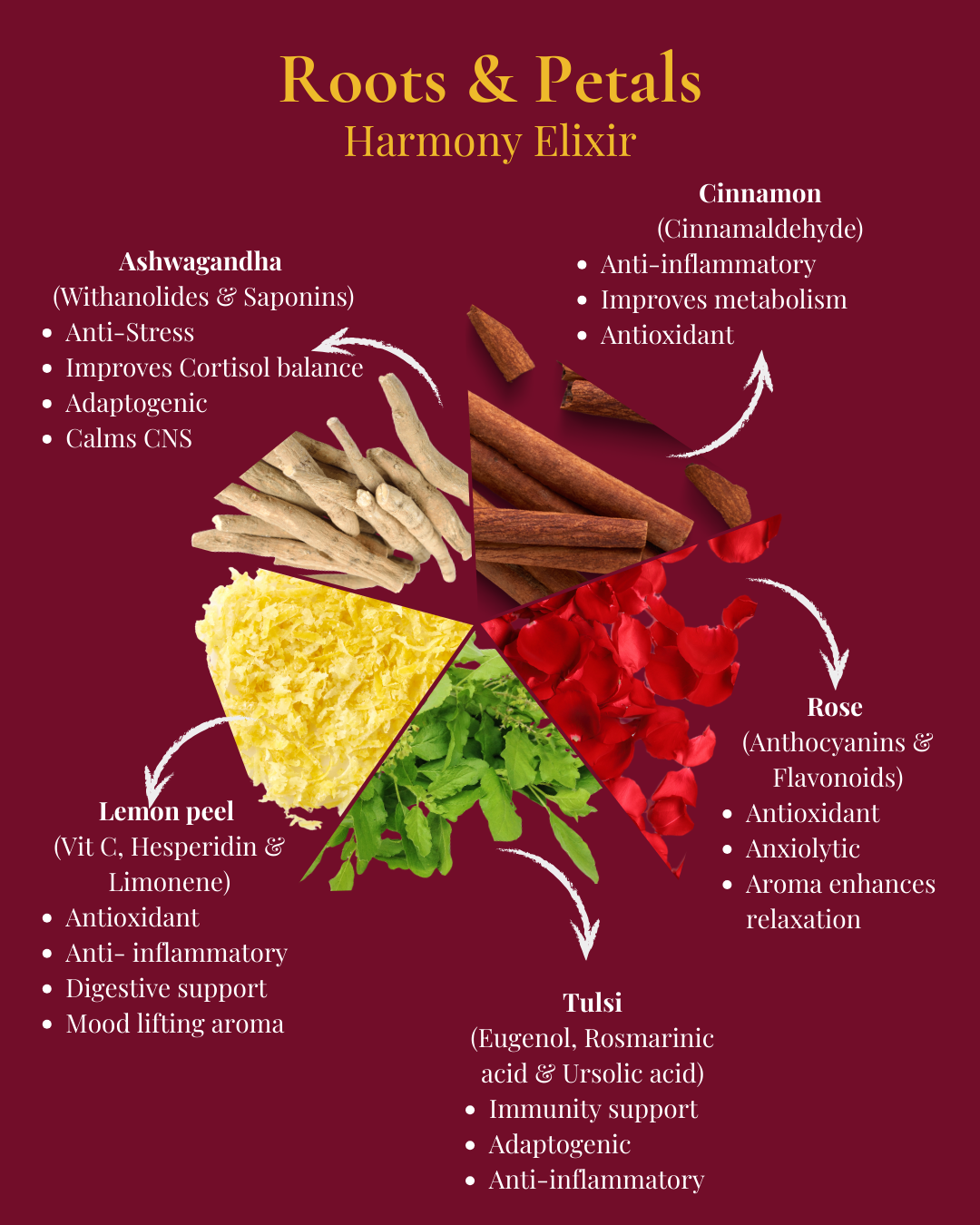 Herbal ingredients with their benefits on a red background Roots & Petals Harmony Elixir