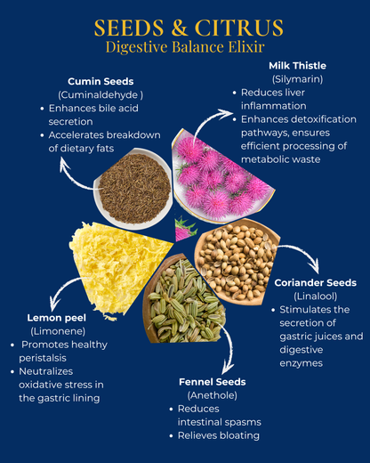 Benefits Seeds & Citrus digestion with images and text.