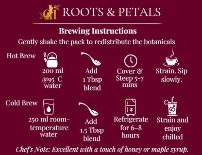 Brewing instructions for a product called 'Roots & Petals' Harmony Elixir for DI Teas