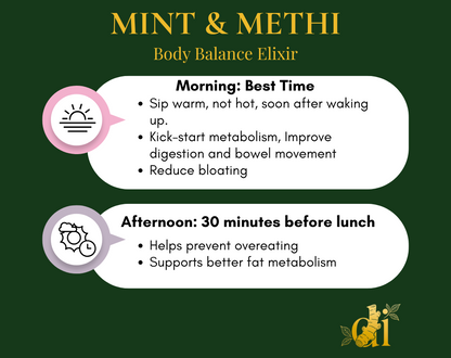 Instructions for using a 'Mint & Methi Body Balance Elixir' on a green background with text and icons.