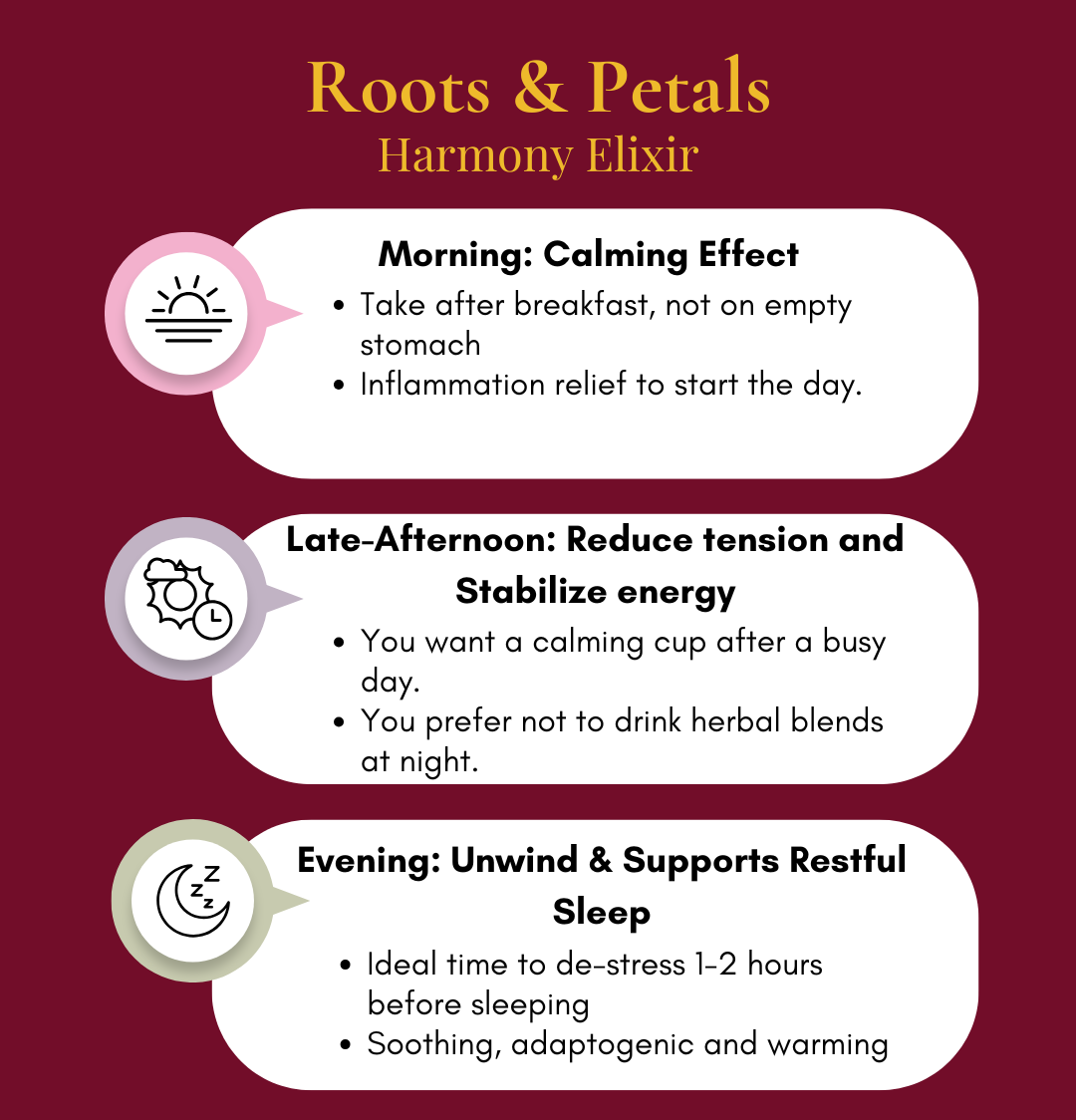 Instructions for using 'Harmony Elixir' with different times of the day on a red background.
