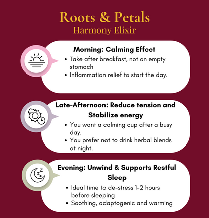 Instructions for using 'Harmony Elixir' with different times of the day on a red background.